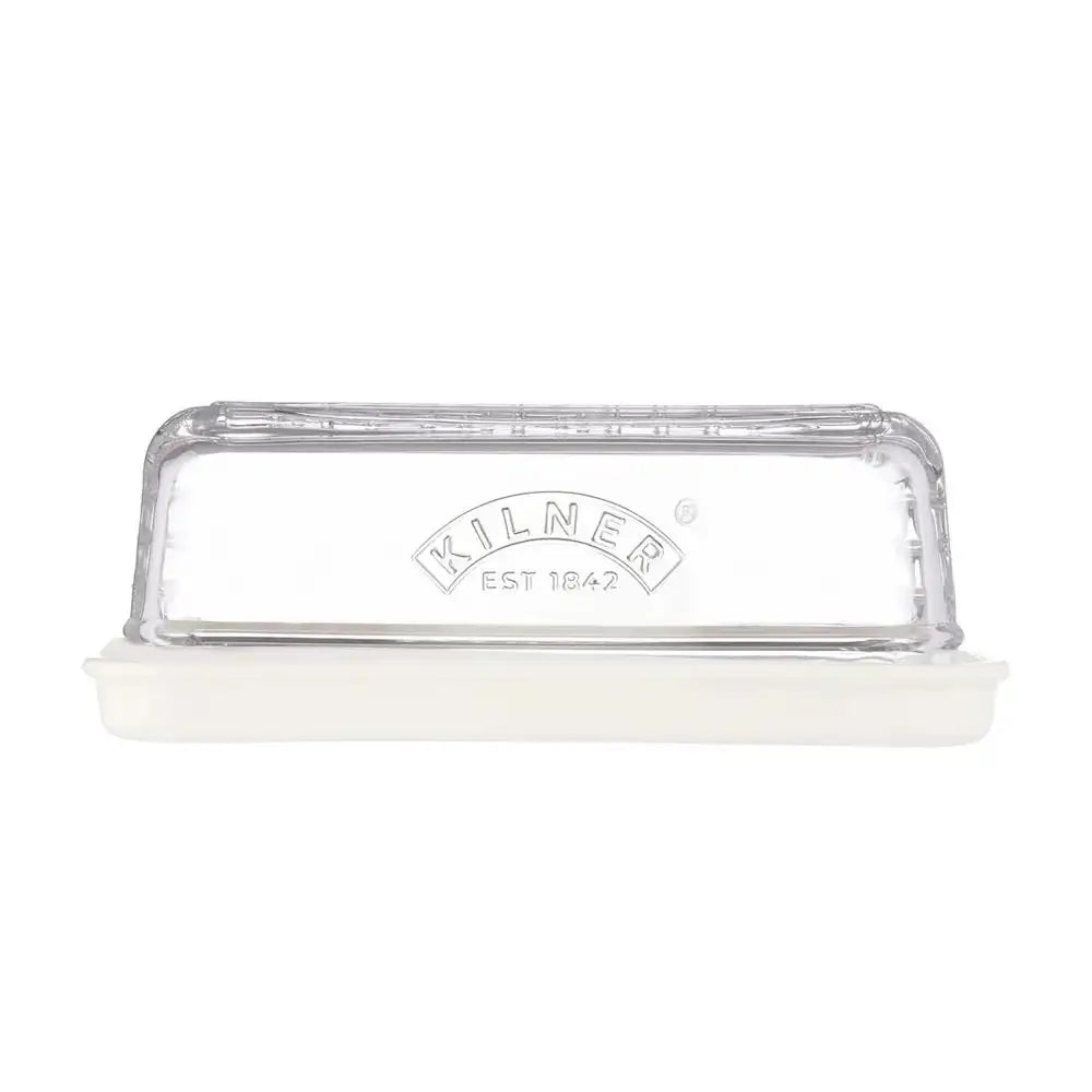 White butter dish with clear lid featuring 'Kilner' branding on a white background
