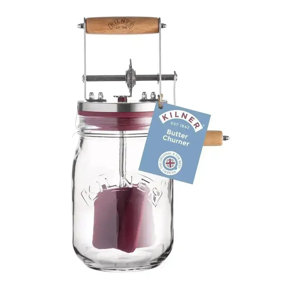 Kilner butter churner with a clear jar and wooden handle on a white background