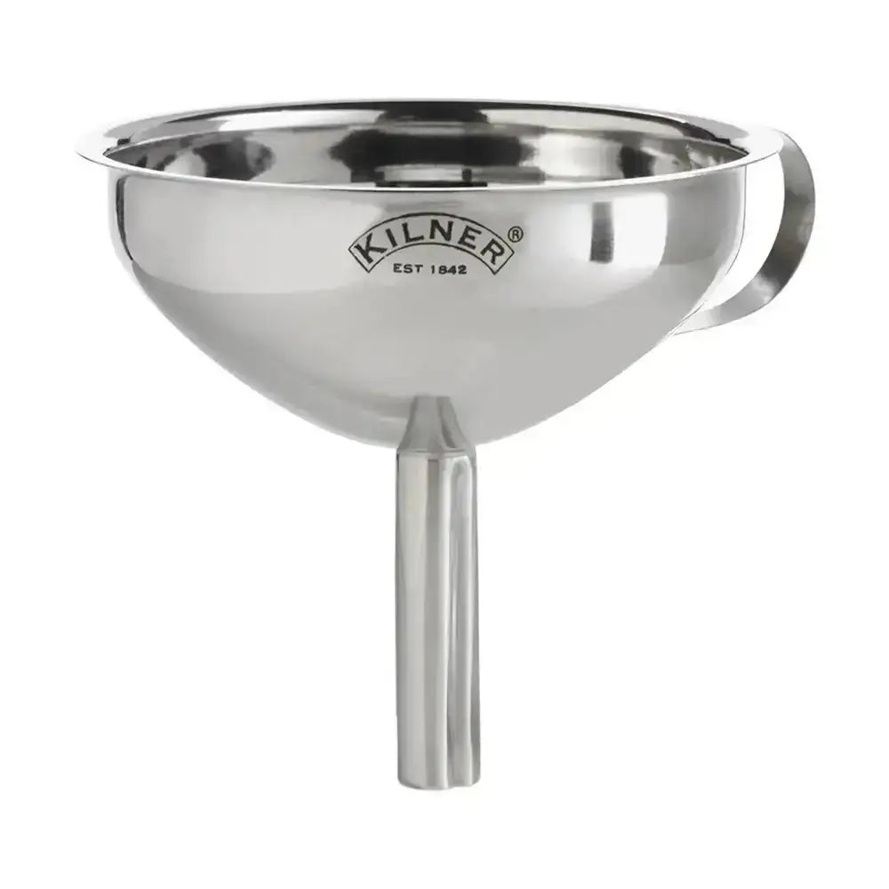 Stainless steel funnel with 'Killner' branding on a white background