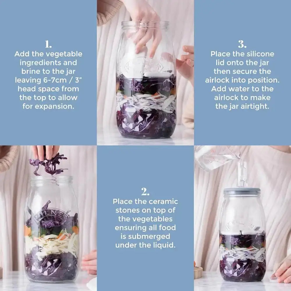 Step-by-step guide on how to use a jar with vegetable ingredients, ceramic stones, and a silicone lid.