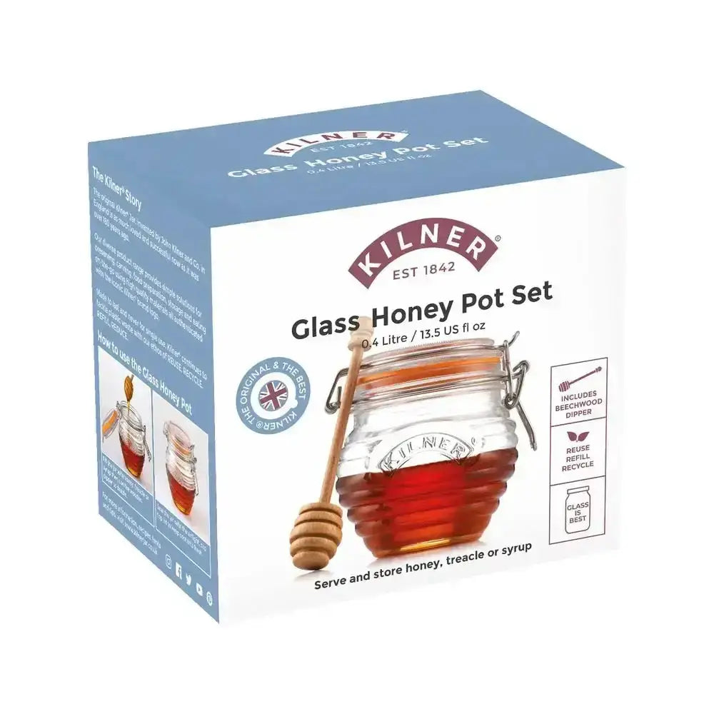 Kilner glass honey pot set packaging on a white background