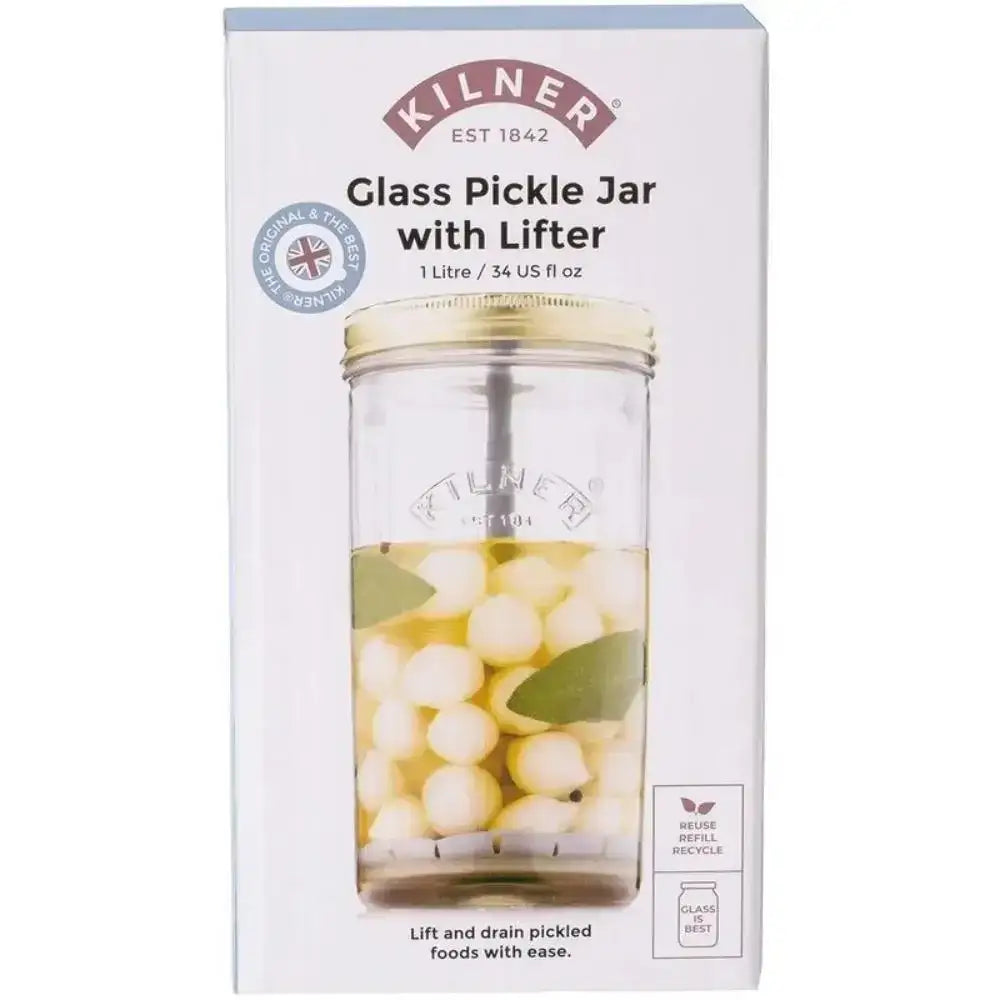 Kilner glass pickle jar with lifter packaging on a white background