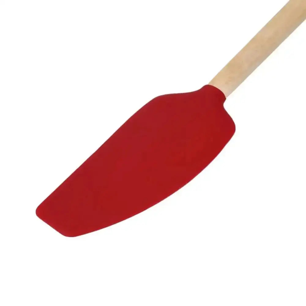 Red spatula with a wooden handle on a white background