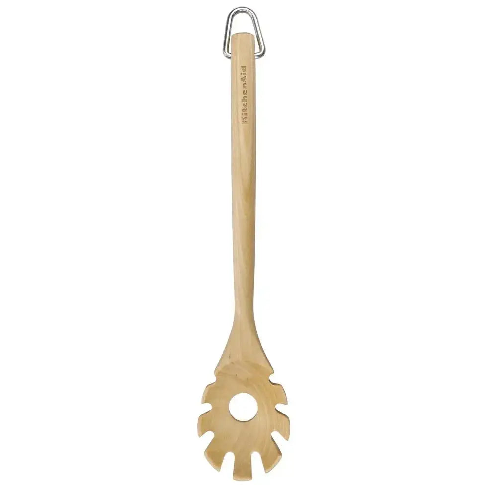 Wooden pasta server with a brand logo on a white background