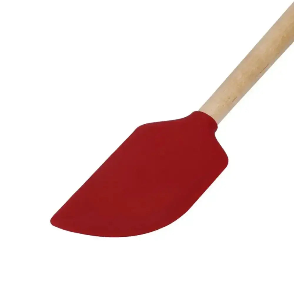 Red spatula with a wooden handle on a white background
