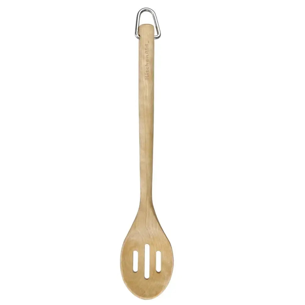 Wooden spoon with a slotted design and metal handle on a white background