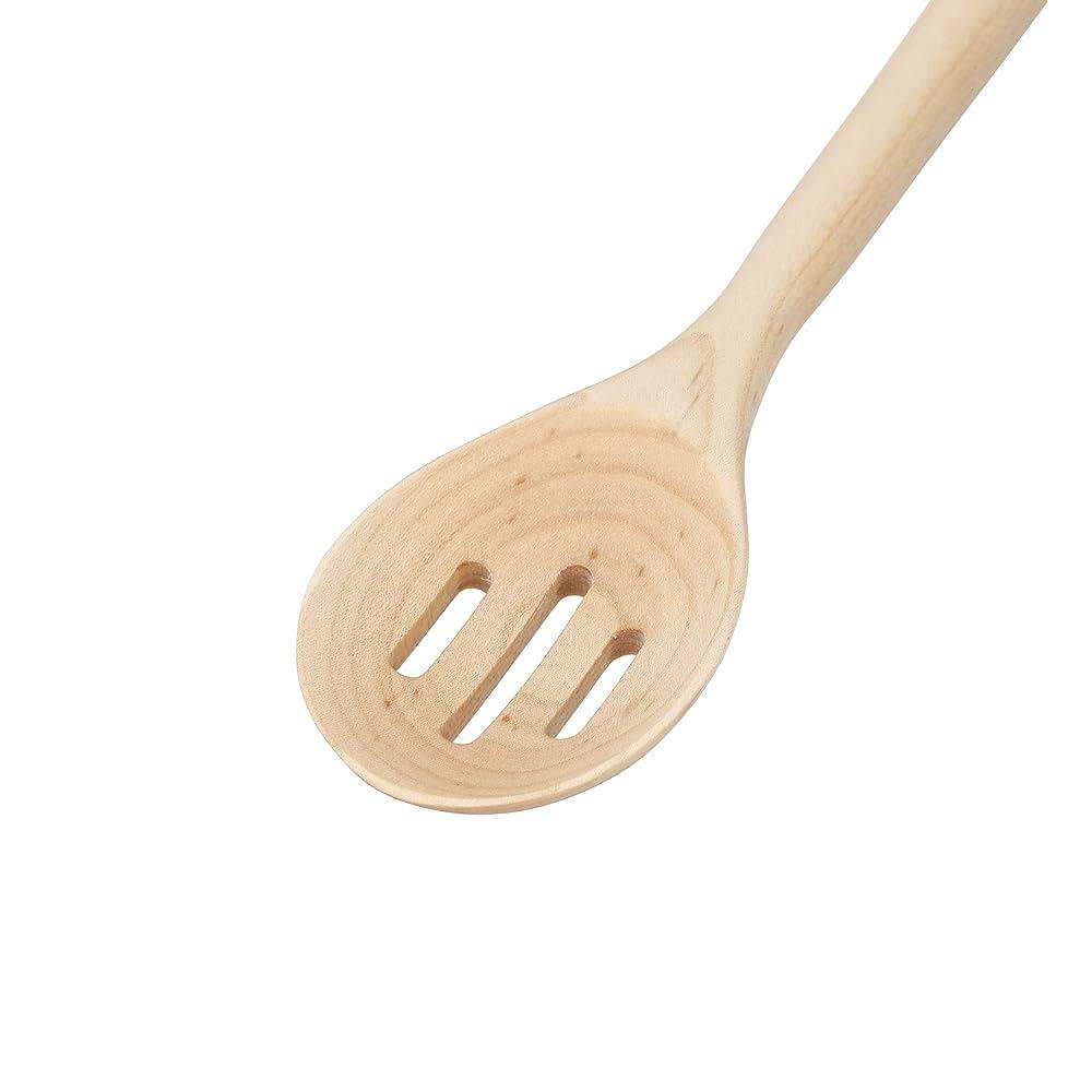 Wooden spoon with slotted design on a white background