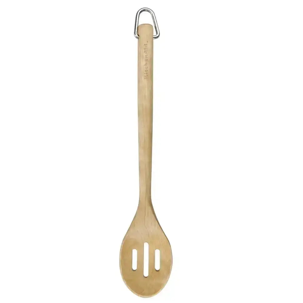 Wooden spoon with a slotted design and metal handle on a white background