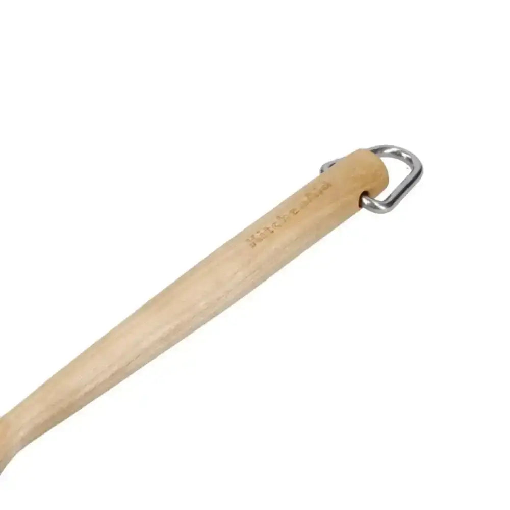 Wooden tool handle with metal clip on a white background