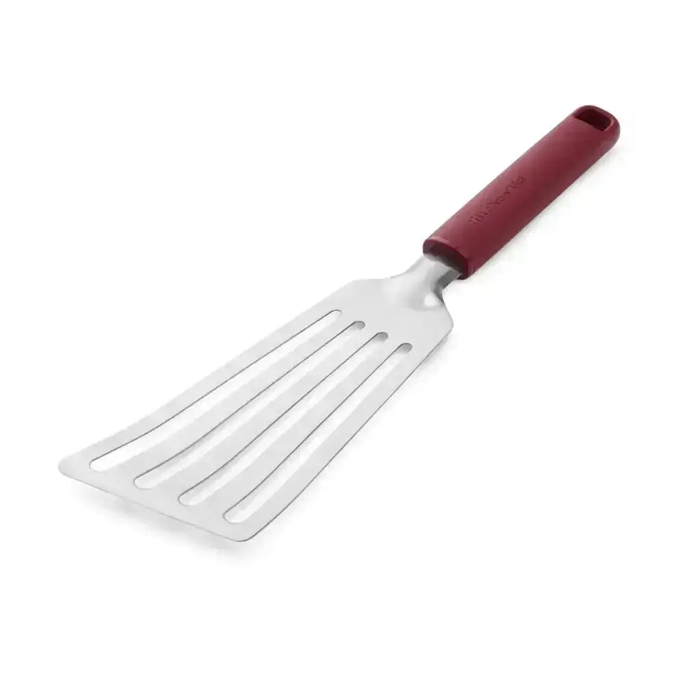 Metal spatula with a red handle on a white background