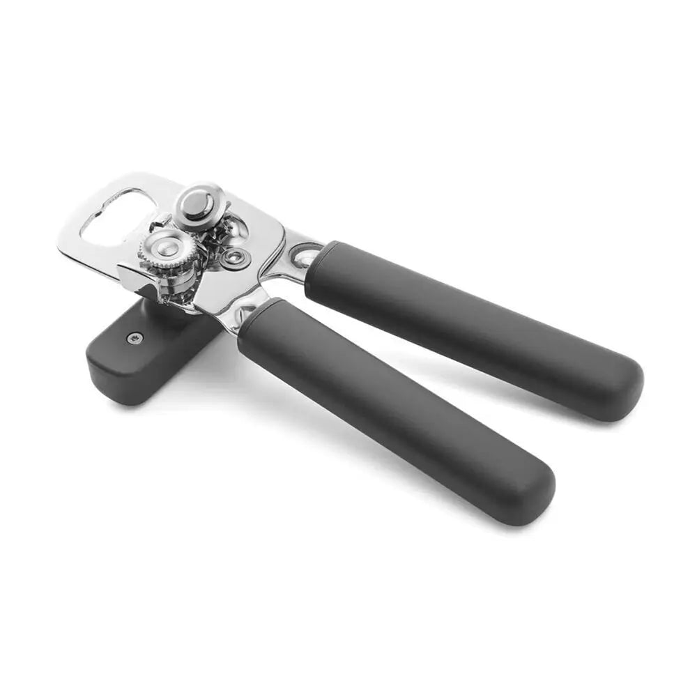 Stainless Steel bottle opener with black finish on a white background
