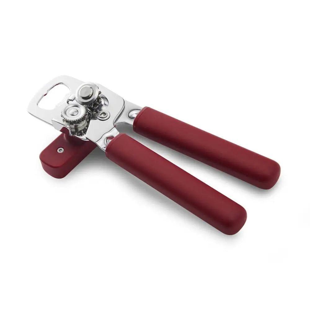 Stainless Steel Can opener with red finish on a white background