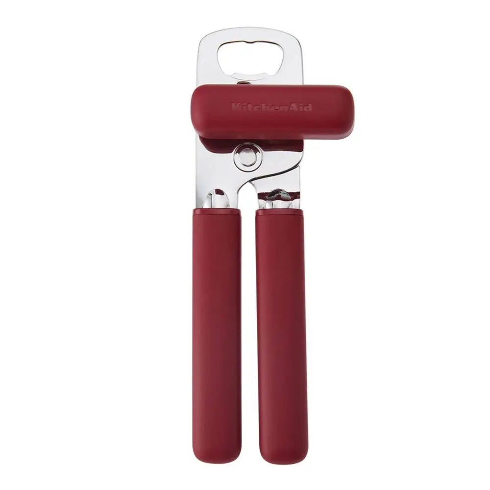 Stainless Steel Can opener with red finish on a white background