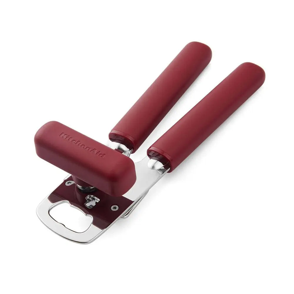 Stainless Steel Can opener with red finish on a white background