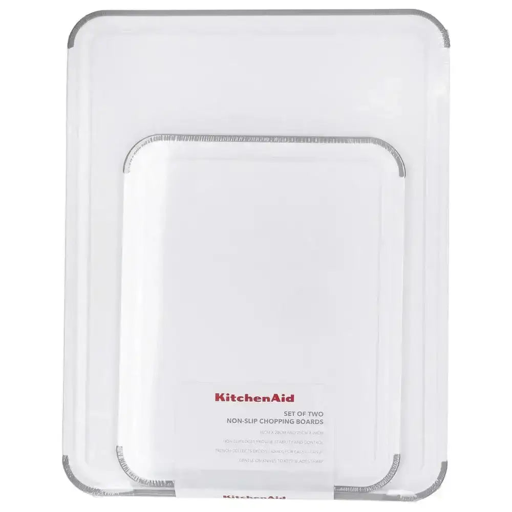 Set of two clear non-slip chopping boards with KitchenAid branding on a white background