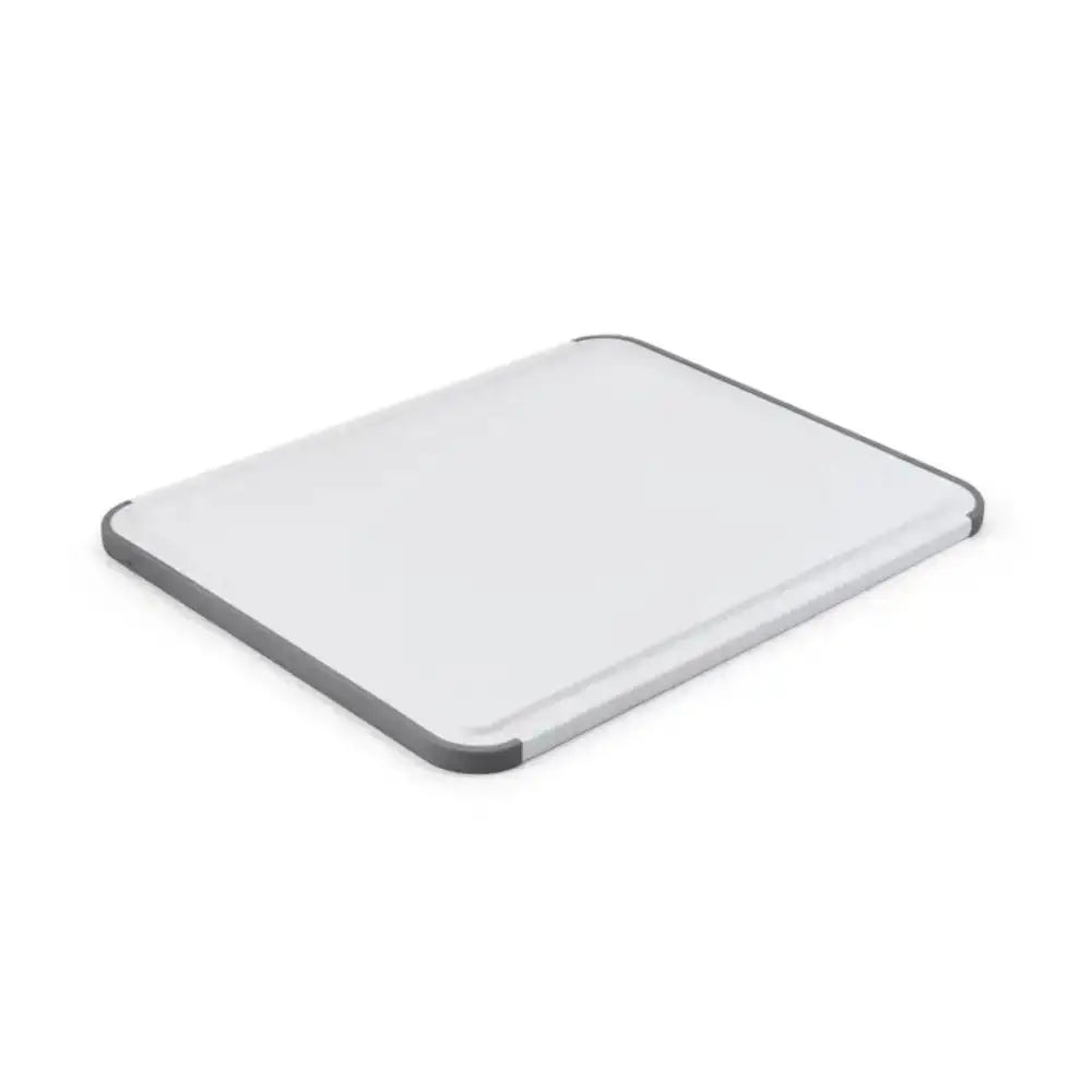 Rectangular white cutting board with gray border on a white background
