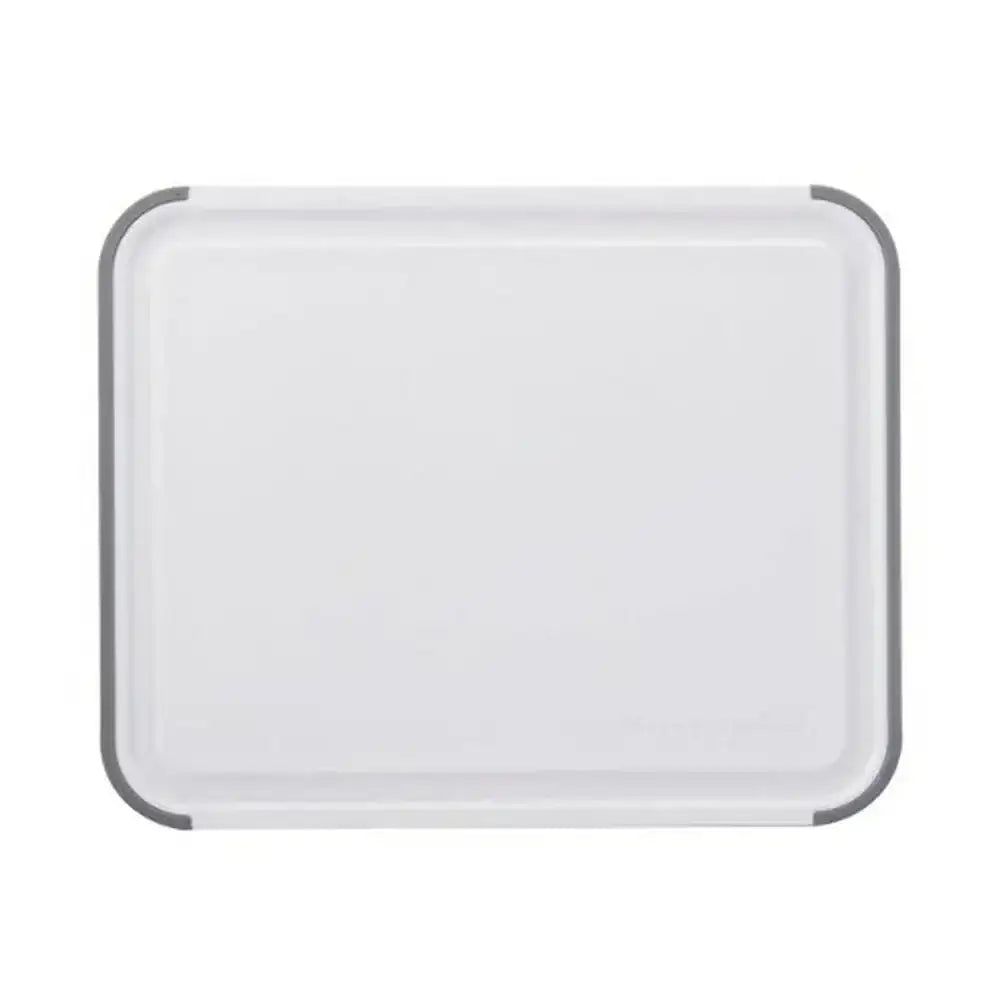 White rectangular tray with a silver rim on a white background