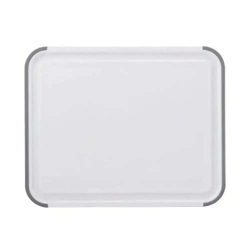 White rectangular tray with a silver rim on a white background