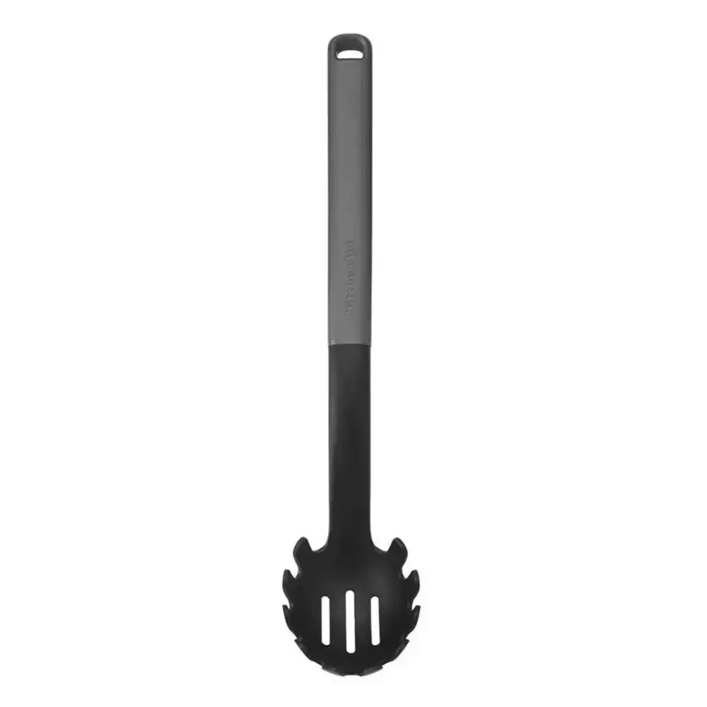 Black slotted spoon with gray handle on a white background