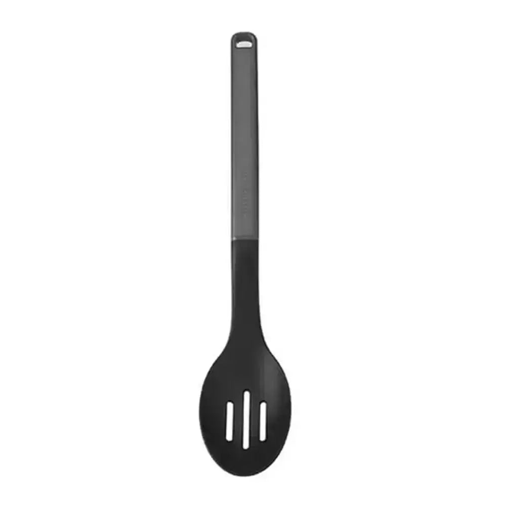 Black slotted spoon on a white background
