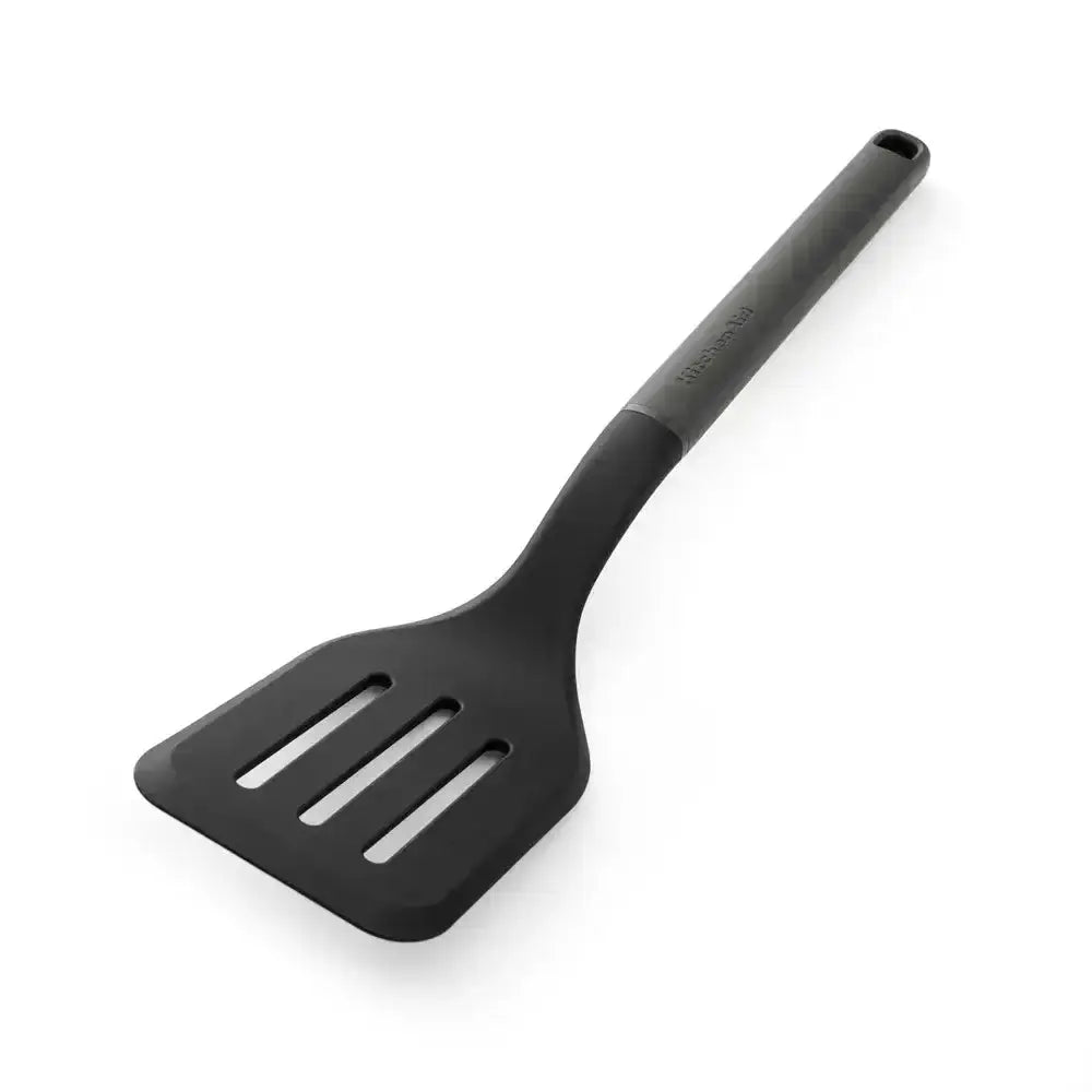KitchenAid classic nylon slotted turner grey with black silicone spatula head featuring three parallel slots