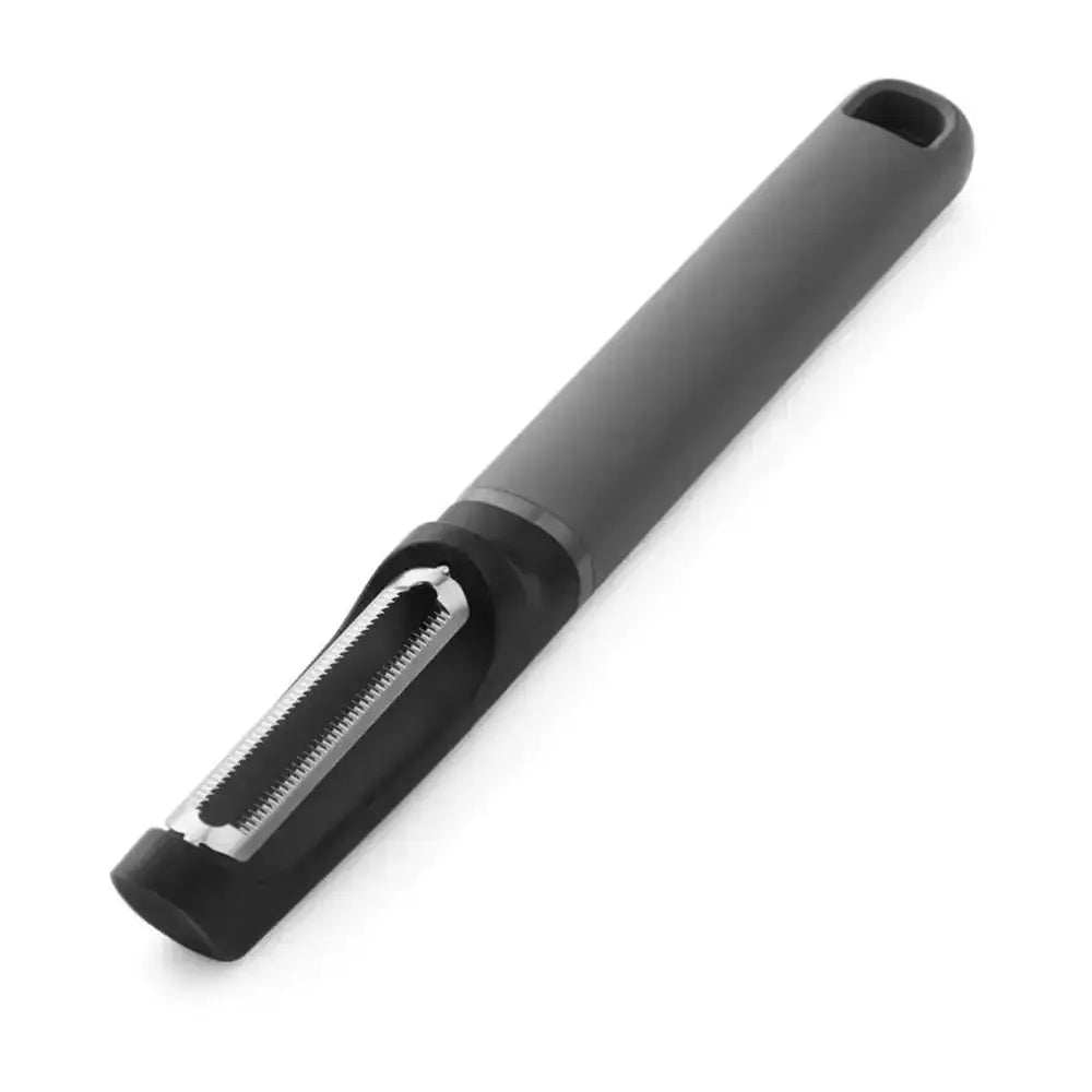 Black vegetable peeler on a white background