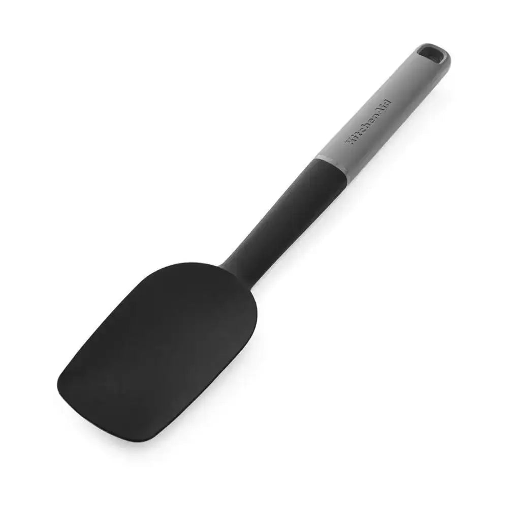 Black spatula with gray handle on a white background
