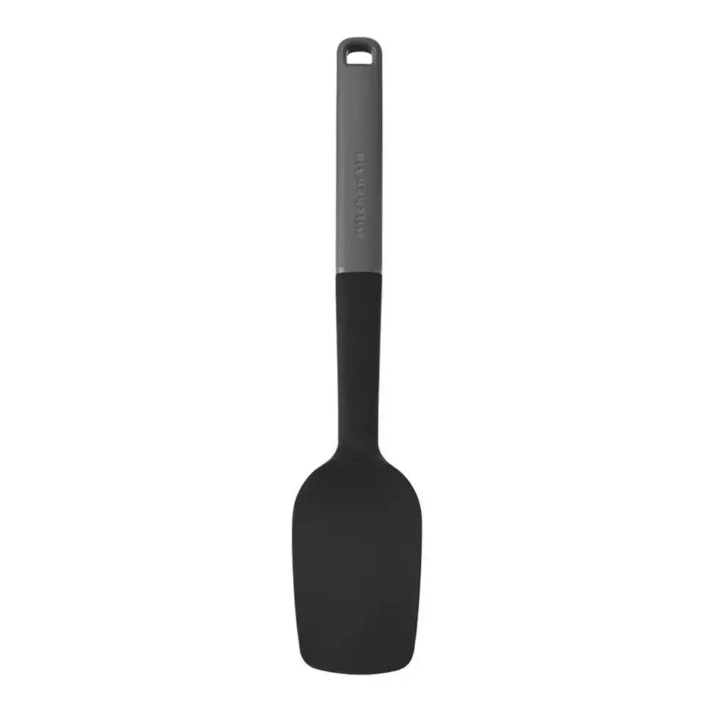 Black spatula with a gray handle on a white background
