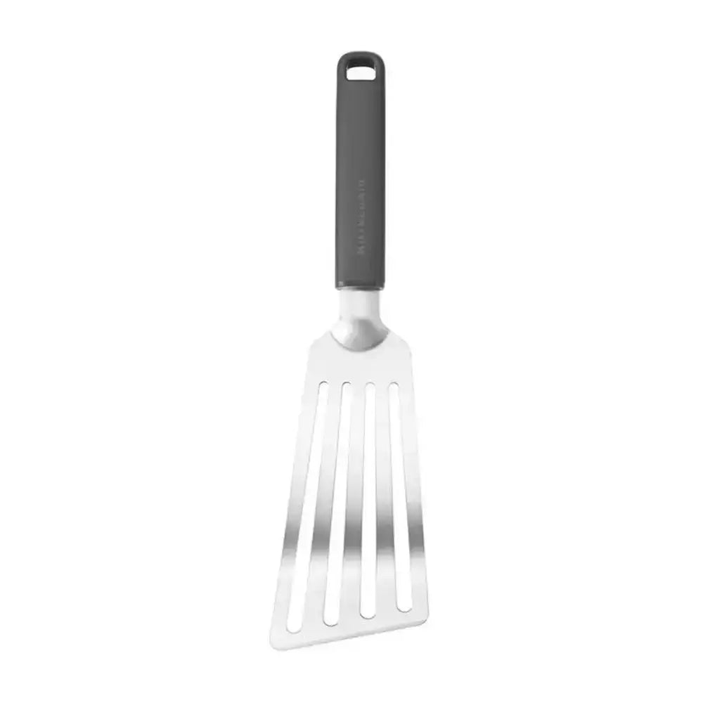 Metal spatula with a black handle on a white background