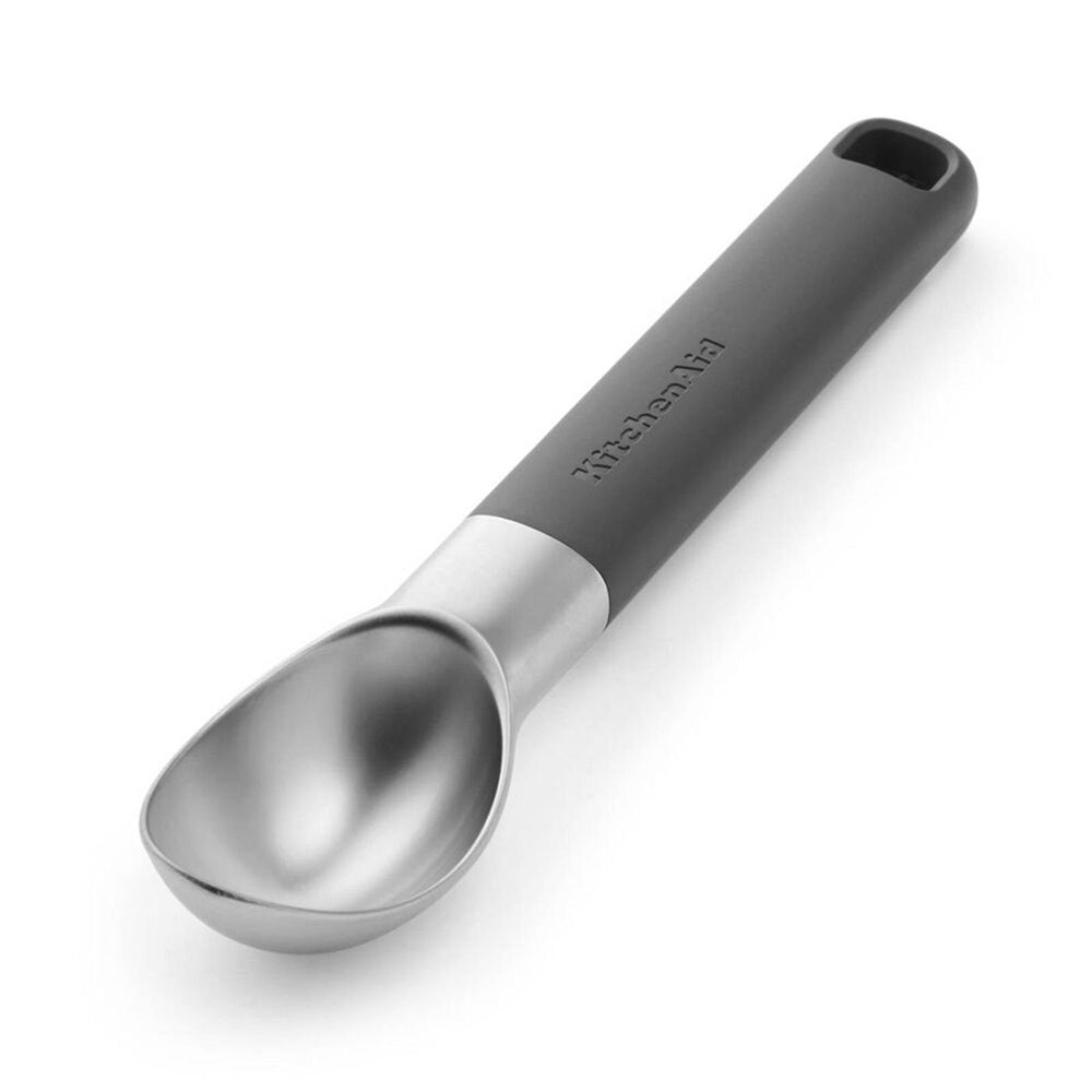 Stainless Steel Ice Cream coop with a black handle on a white background
