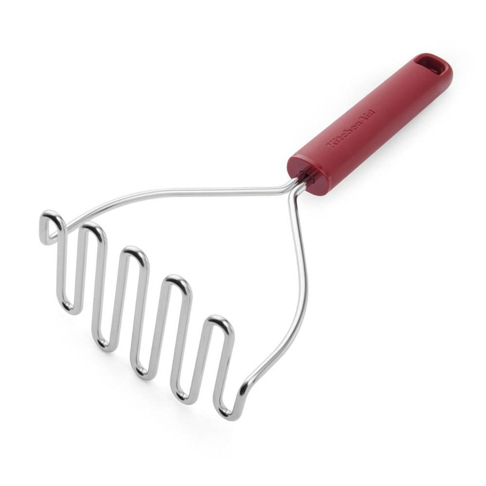 Stainless Steel wire masher with a red plastic handle on a white background