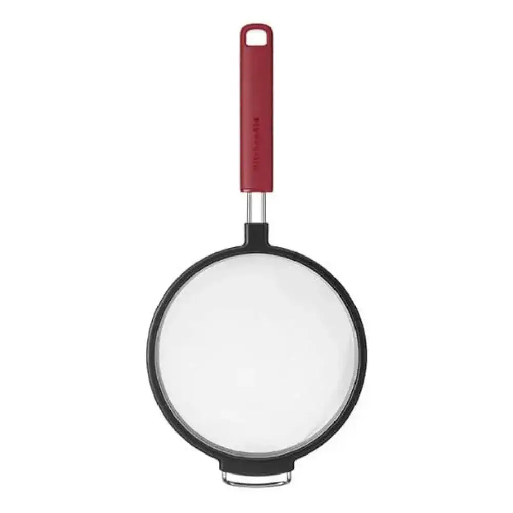 Frying pan with a red handle on a white background