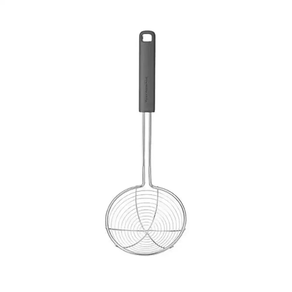 Metal skimmer with black handle on a white background
