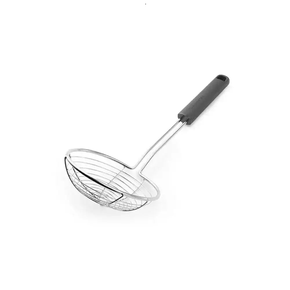 Metal skimmer with black handle on a white background