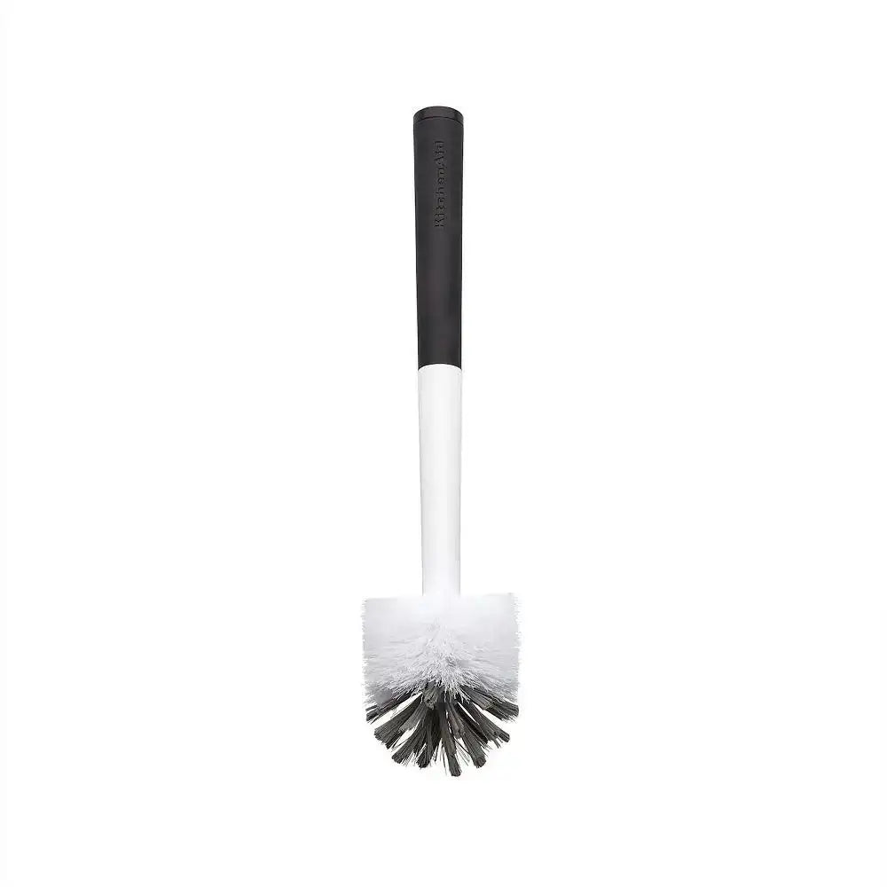 Cleaning brush with black bristle head and white handle on a white background
