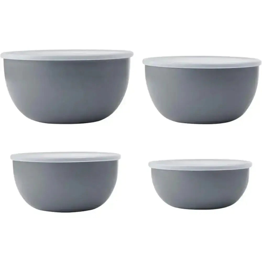 Set of four gray bowls with lids on a white background