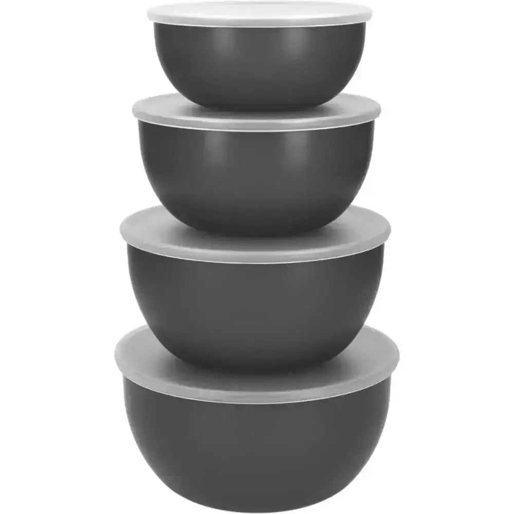 Set of five gray mixing bowls with lids on a white background