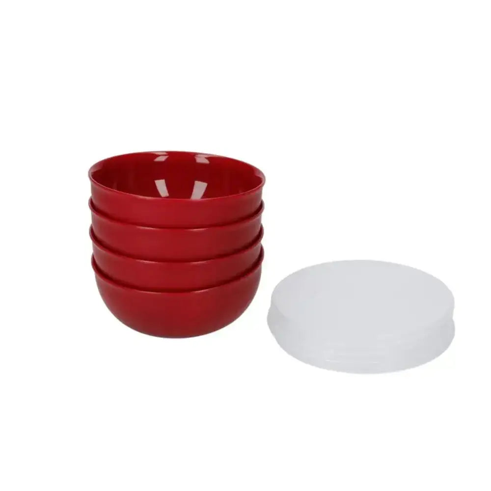 Stack of red bowls with a white lid on a white background