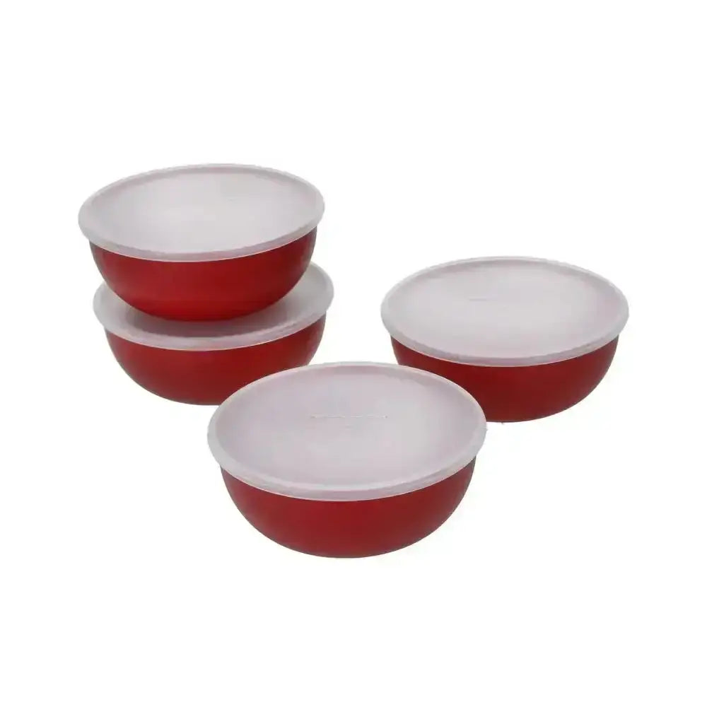Set of four red bowls with white lids on a white background