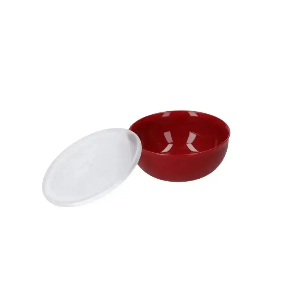 Red bowl and white lid on a white background