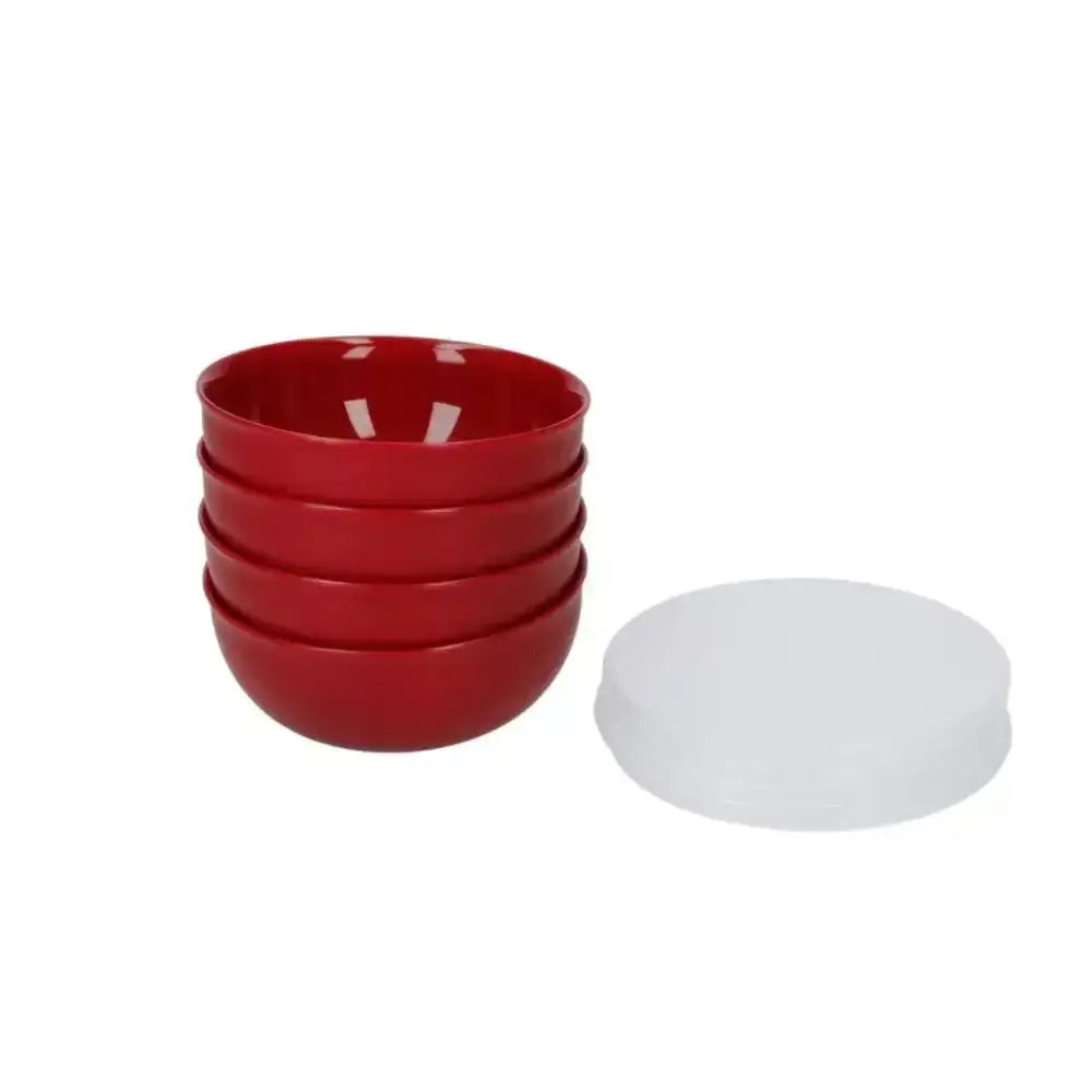 Stack of red bowls with a white lid on a white background