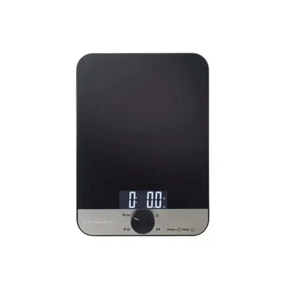 Black digital kitchen scale on a white background
