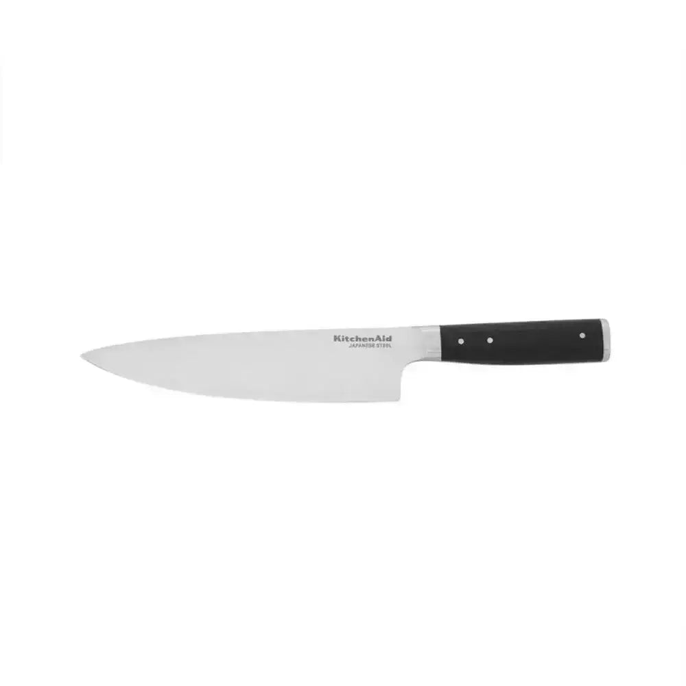 Chef's knife with black handle on a white background