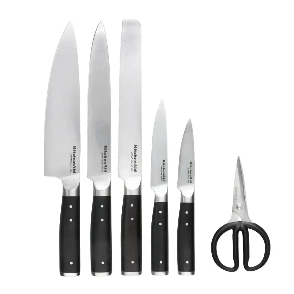 Kitchenaid gourmet forged knife block set 6pc with stainless steel blades black handles and birchwood knife block