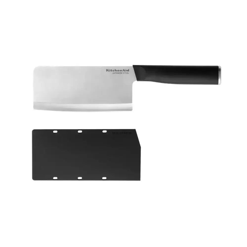 KitchenAid cleaver knife with a black handle and black blade cover on a white background