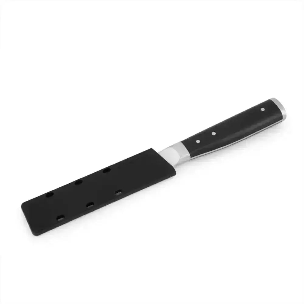 kitchen knife with a silver blade in a sheath on a white background