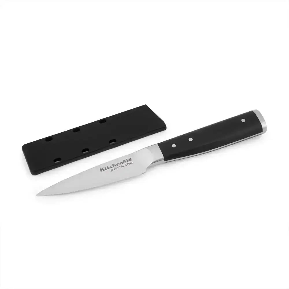 Knife with black handle and black sheath on a white background, featuring KitchenAid branding.