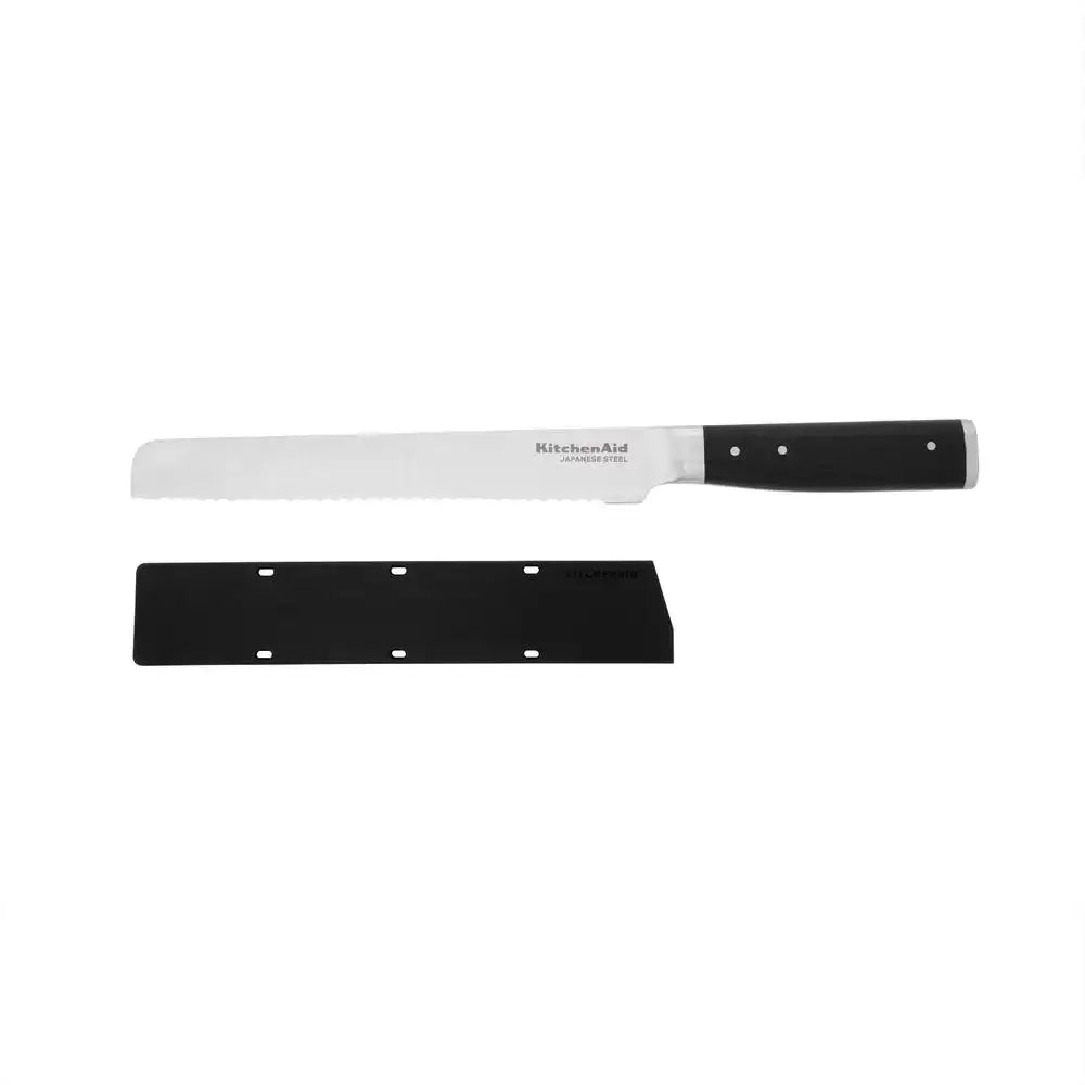 Knife with black handle and blade cover on a white background
