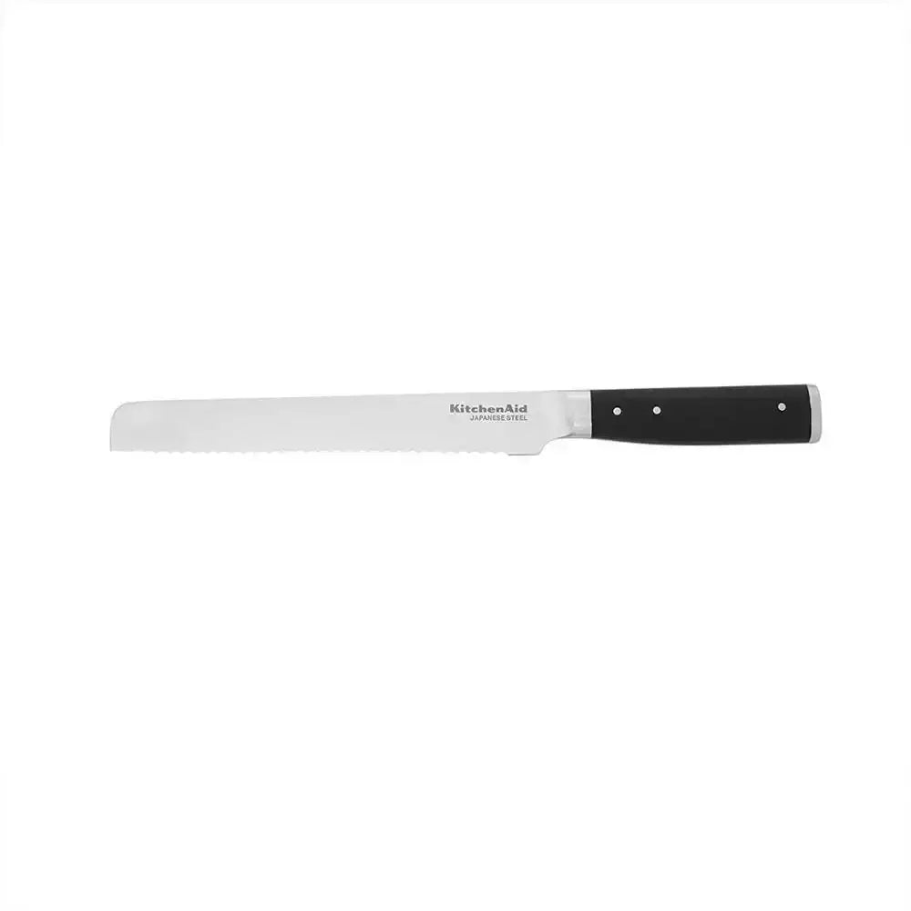 KitchenAid bread knife with black handle on a white background