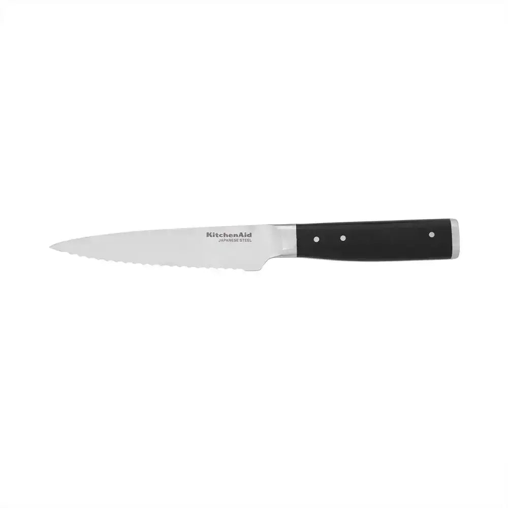 Knife with black handle and visible brand name on a white background